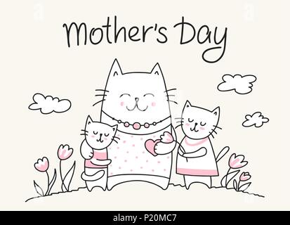 Happy Mothers Day card with cat mom and little kitties. Flat vector Mother`s Day animal illustration Stock Vector